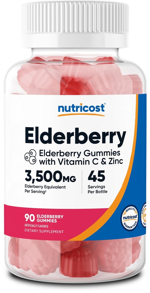 Nutricost Elderberry Gummies cu vitamina C & Zinc 90 Gume - Gluten gratuit, vegetarian
