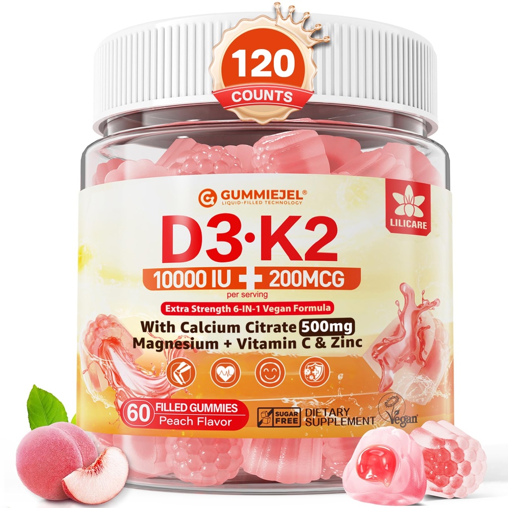 Vitamina D3 K2 Gumiile umplute 5000 UI / 10000 UI cu 500 mg calciu + K2 (MK-7) 200mcg, magneziu, vitamina C & Zinc, extra Putere - Absorbenta finala pentru os Muşchii, Vegan -- Ambalaj de 2