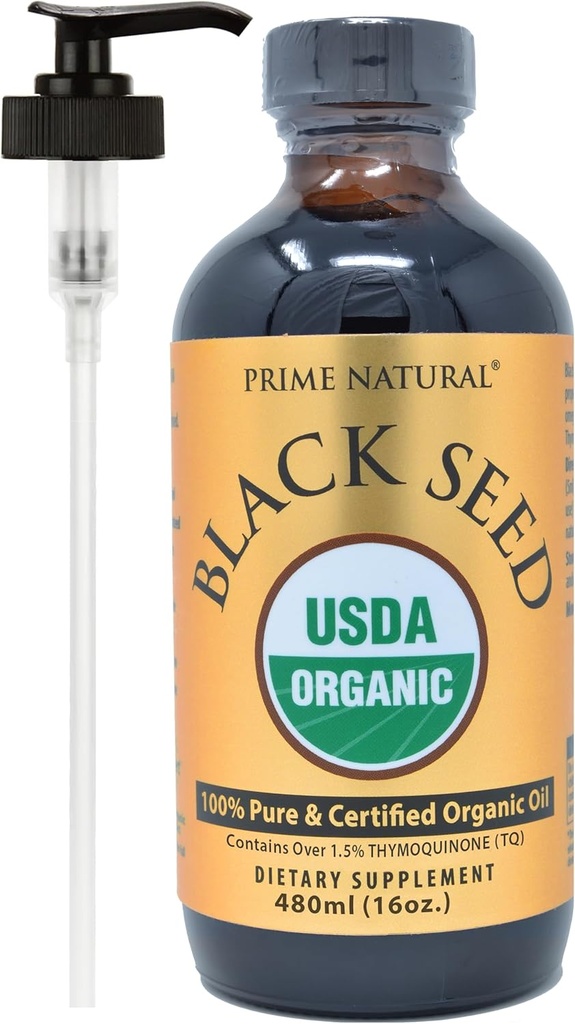 PRIME NATURAL Organic Black Seed Oil 16oz - Cold Presated Unrefined High Thymochinone 1,7% USDA Certified - Turkish Origin Pottent Nigella Sativa lichid - Vegan Omega 3 6 9, Antioxidant