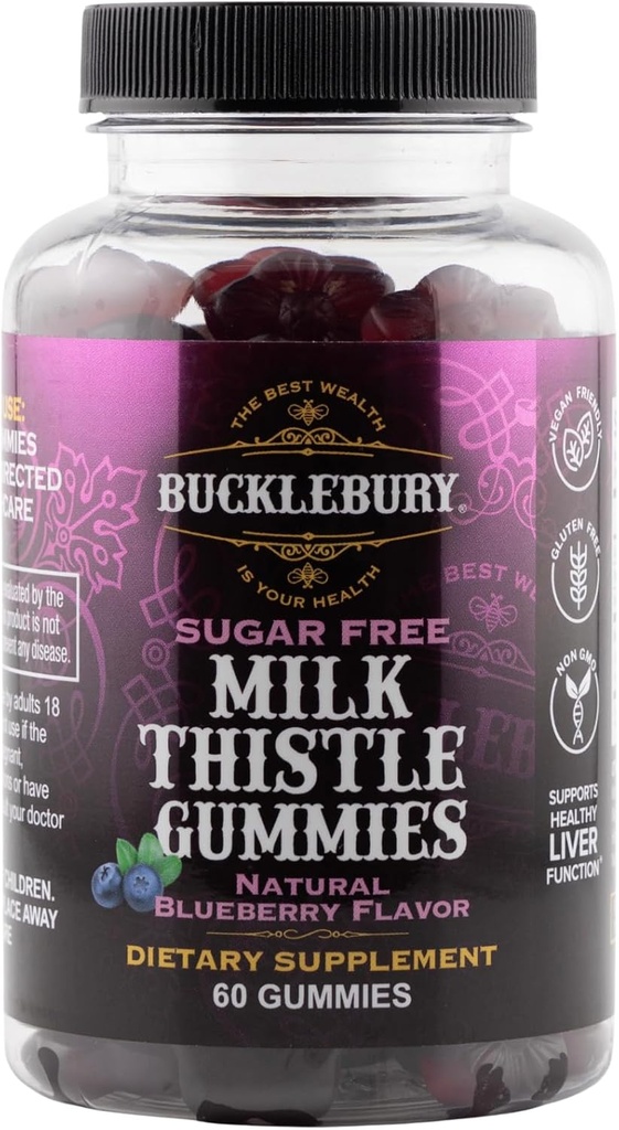 Bucklebury zahăr-gratuit de lapte Thistle Gumries 1000 mg cu aroma de afine naturale - Vegan, Gluten-gratuit, non-GMO Natural Milk Thistle Supliment pentru sănătatea ficatului, Imunitate şi suport antioxidant -60 Conte
