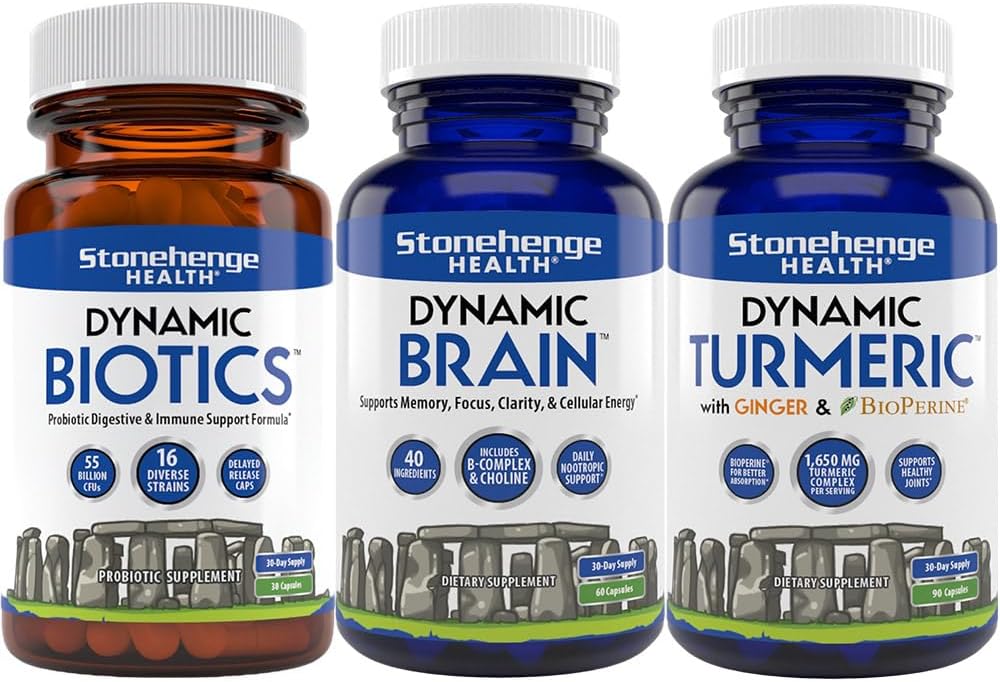 Stonehenge Health Dynamic Biotics Probiotic, Dynamic Brain, Dynamic Turmeric: Energie, Articulații, Digestion, Cognitive Support, Memorie, Focus, și Clarity