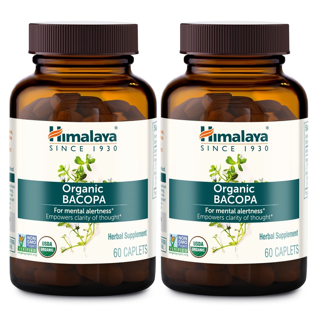 Himalaya Bacopa Monnieri Nootropic Herbal Supplement, Mental Alertness, Suporturi Calm, Memorie, Cognition, USDA Organic, Non-GMO, 750 mg, 60 Caplete pe bază de plante, 2 Pack, 120 zile de aprovizionare