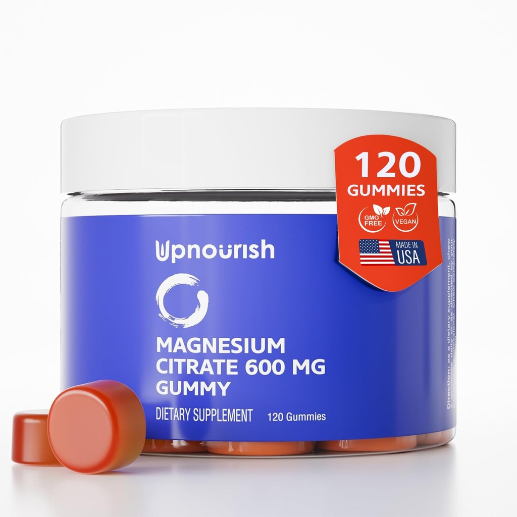 UpNourish Magneziu Gummies pentru adulți și copii Citrate Gummies 600mg, Supliment calm pentru relaxare musculară, Oase și Sănătate Digestivă, Citrato de Magnesio, Vegan, Non-GMO, 120 Conte