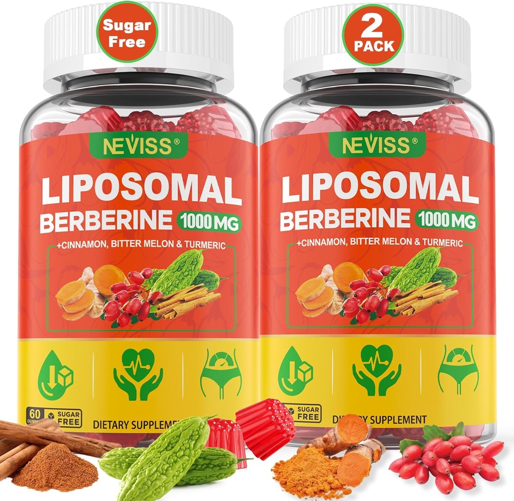 Liposomal Berberine Gummies Organic + Berberine HCL + Turmeric, Berberine Supliment cu Ceylon Scorțișoară, Bitter Melon, Fibră pentru Digestie, Anghinare pentru Ficat, Sănătate generală, Zahăr gratuit