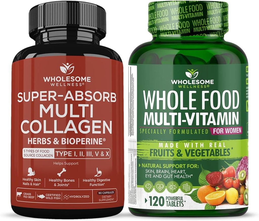 Pastilele multicolagen (tip I II III V X) pentru plante aromatice organice și bioperine + multivitamine alimentare integrale pentru femei - vitamine multiple naturale, minerale, extracte organice Bundle