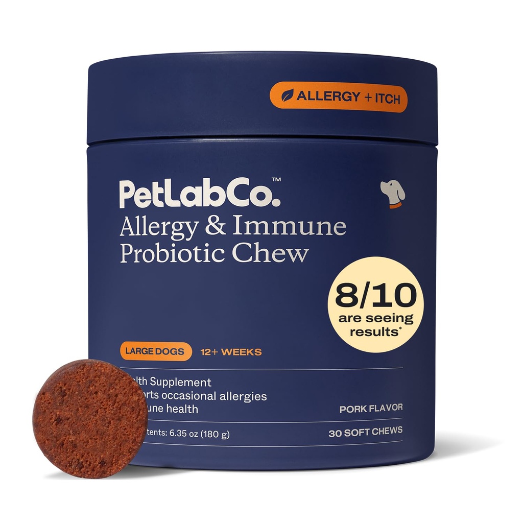 PetLab Co. Alergie & Immune Probiotice zilnice pentru câini. Susţine producţia de drajeuri, alergii sezoniere, mâncărime intermitentă, sănătate gut & digestivă pentru câini de talie mare - 30 Chews - ambalare mai Vary