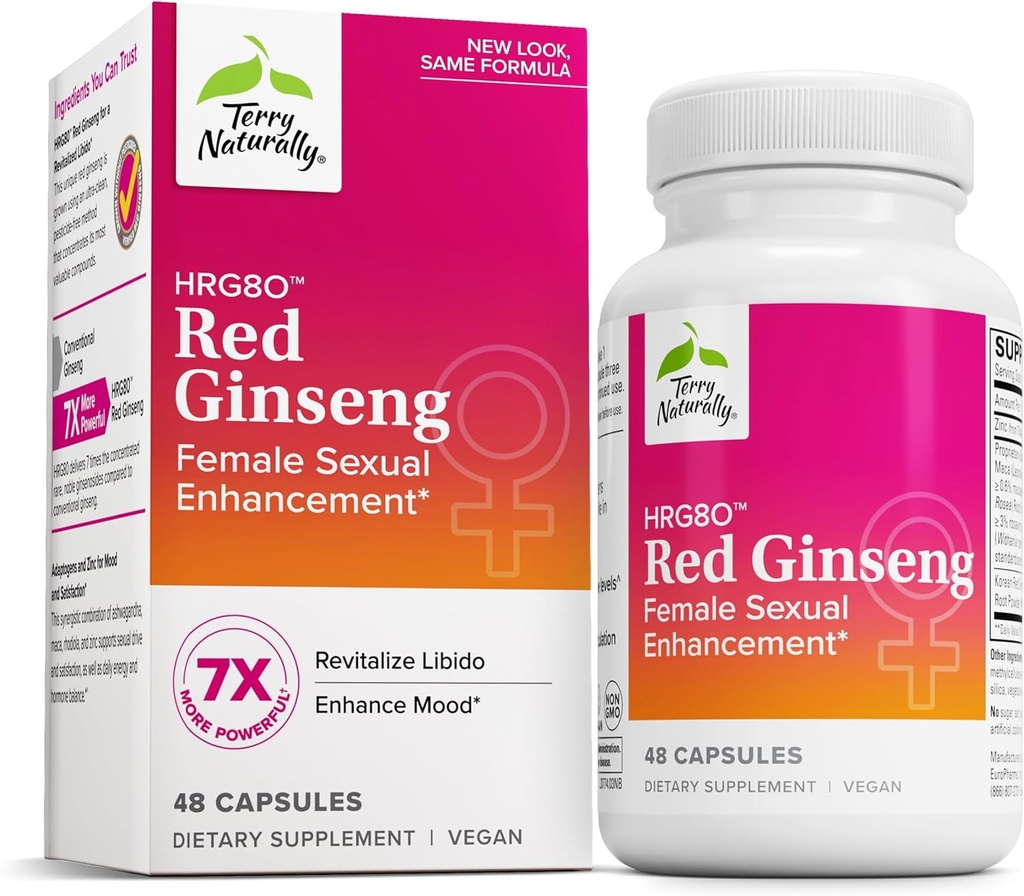 Terry natural HRG80 Red Ginseng Îmbunătățire sexuală feminină - Supliment alimentar pentru circulatie, Suport Endurance & Energy - Suport de vitalitate cu Ashwagandha, Red Ginseng & Zinc - 48 capsule