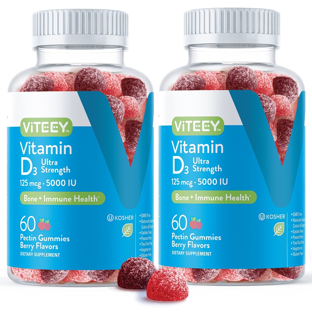 Viteey Vitamina D3 Gumiile pentru adulți și adolescenți - 5000 UI, 125mcg, Ultra Putere - Sănătatea articulară și musculară, Boost imunitar - Gume de vitamina D masticabile - Vegetarian, Gelatină liber - Tasty Berry aroma