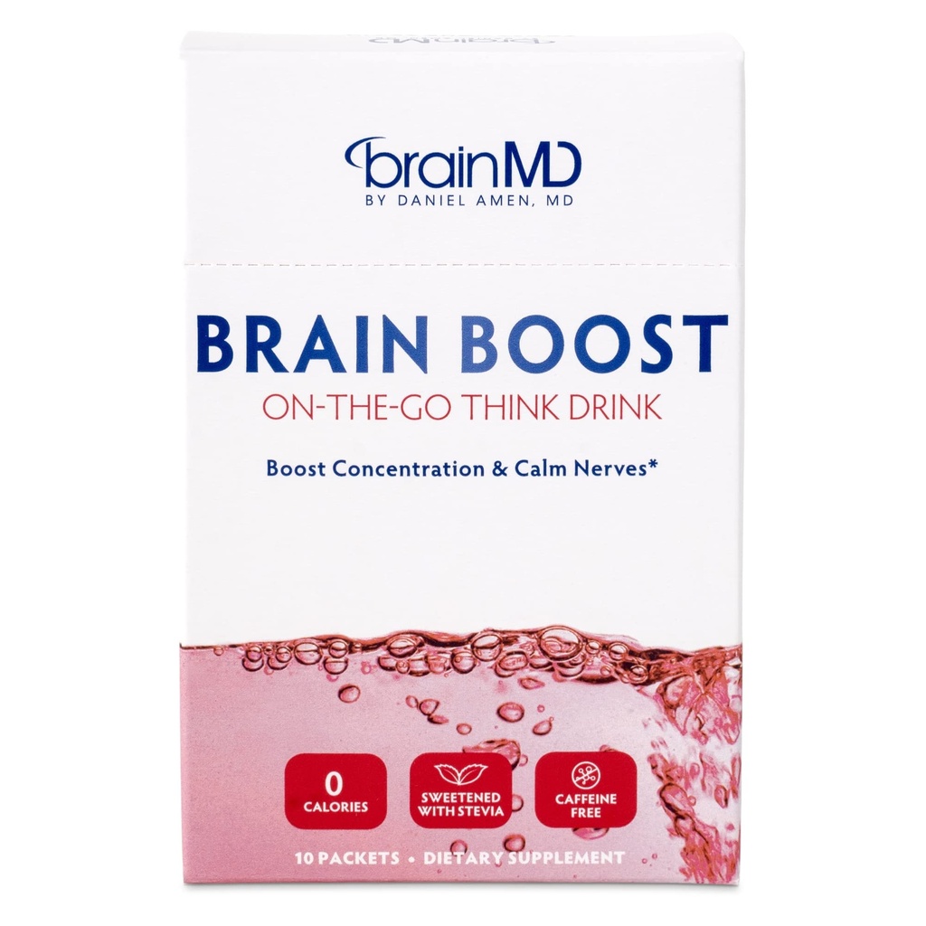 BrainMD Dr Amen Brain Boost On The Go - 10 Pachete, Berry Flavor - Nootropic Drink Powder, Promovează Focus, Clarity & Mental Energy - Cafeina gratuit, Gluten gratuit - 10 Serviri