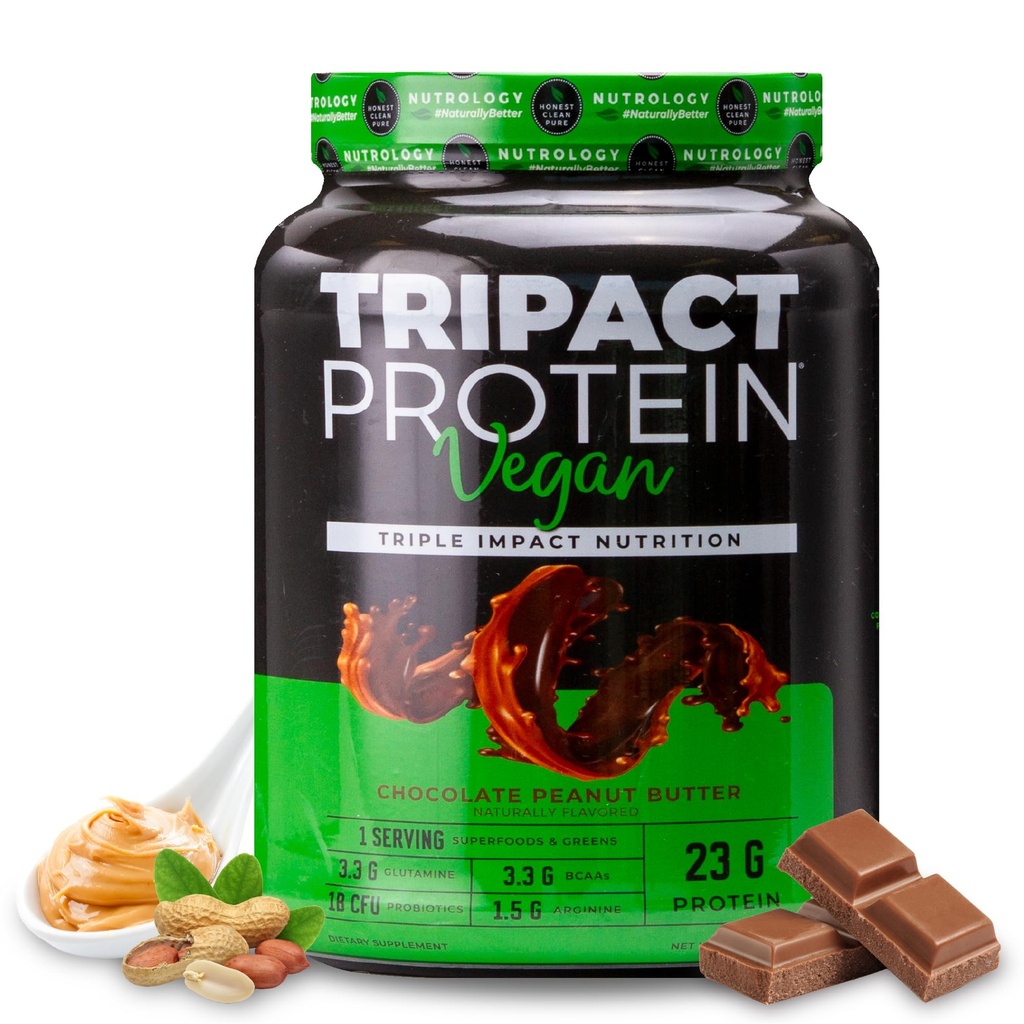 Nurology TRIPACT Praf de proteine Vegan - Pea organică, orez și proteine de dovleac, BCAAs și glutamină de masă pe bază de plante Shake-uri pentru recuperarea și imunitatea musculară, unt de arahide de ciocolată, 20 Serviri