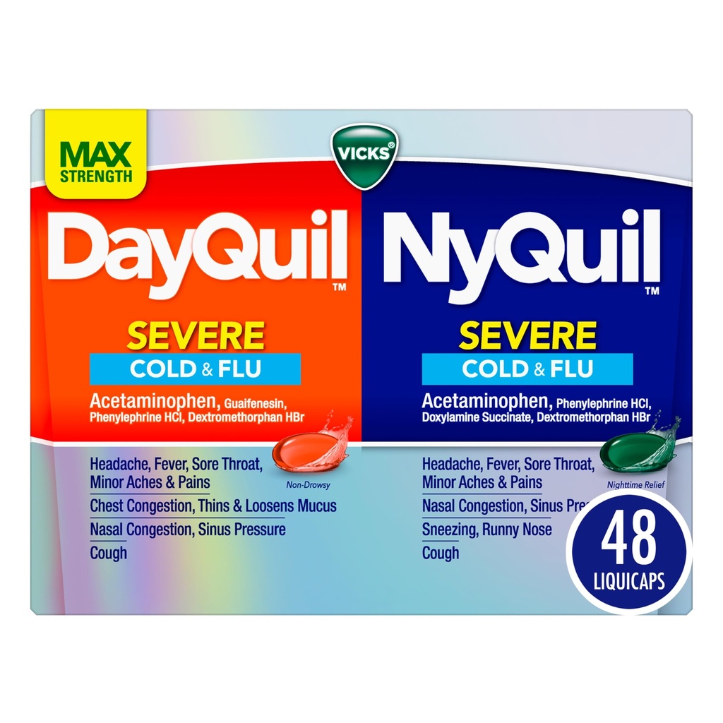 VICKS DayQuil & NyQuil SEVERE Co-Pack, Rece & Medicina gripa, Relief puternic pentru dureri de cap, Febră, Sore gât, dureri minore, congestie, Sinus presiune, nas Stuffy, și tuse, 48 LiquiCaps