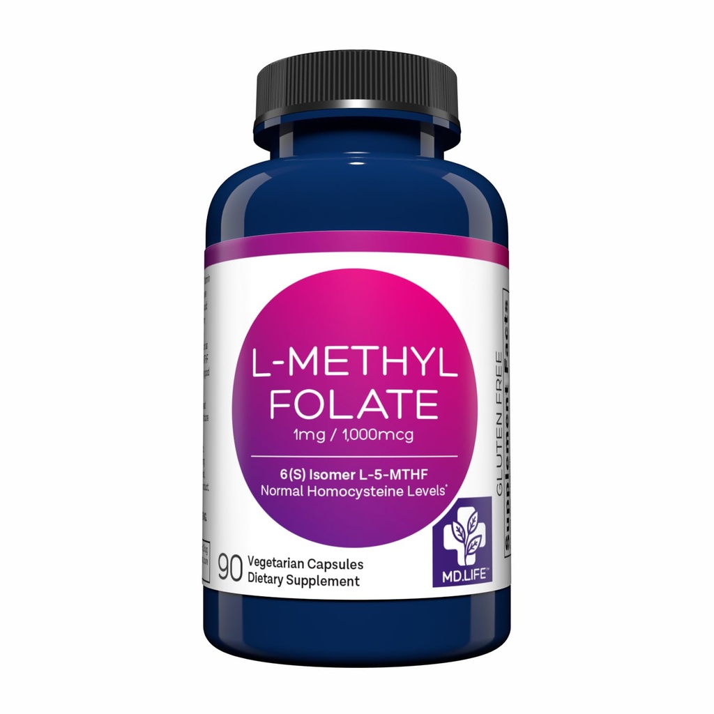 MD Life L-Metilfolat 1 mg supliment - Professional-Grad Active Metilfolat Supliment - 90 capsule - L-metilfolat 1mg - Potenţă maximă MTHFR W/Aminoacidi esenţiali