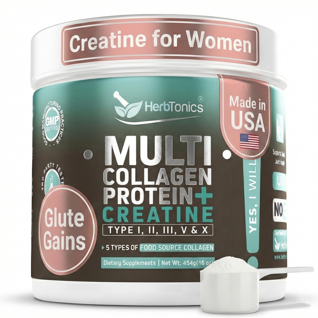 Herbtonica Creatina pentru femei 5000mg Creatina Monohidrat + Multi Colagen Proteina pulbere (Tipul I, II, III, V, X) 
