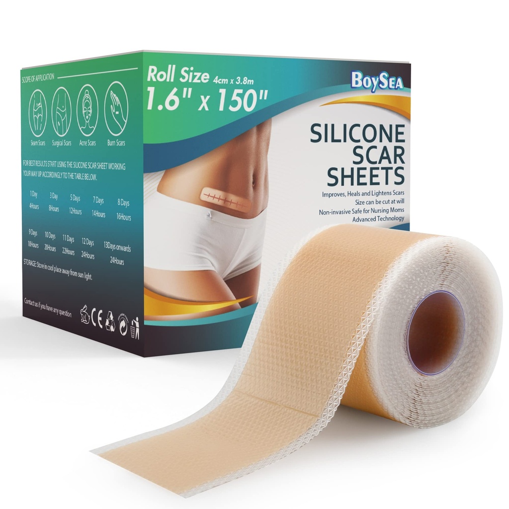 Professional Silicon Scar Sheels (1.6" x 150" Scar Roll-3.8M) - Scars Demontare tratament - Reutilizabil Silicon Cicatrice benzi Tip pentru Keloid, C-Secțiune, Chirurgie, Burn, Acnee et