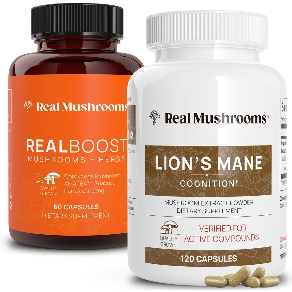 Ciuperci reale RealBoost (60ct) și Lions Mane (120ct) Capsule Bundle - supliment de ciuperci pentru energie, Vitality & Cognition - Energy & Brain Vitamines w/Cordyceps, Ginseng, Guayusa - Vegan, Non-GMO