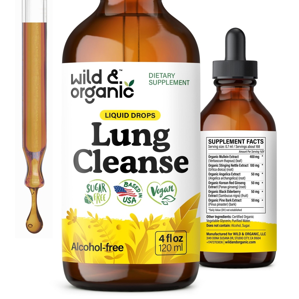 Wild & Organic Lung Cleanse Detox Tinctură - Mullein picături pentru plămâni - Herbal Mullein Extract Supliment - Vegan, Picături fără alcool - 4 fl oz