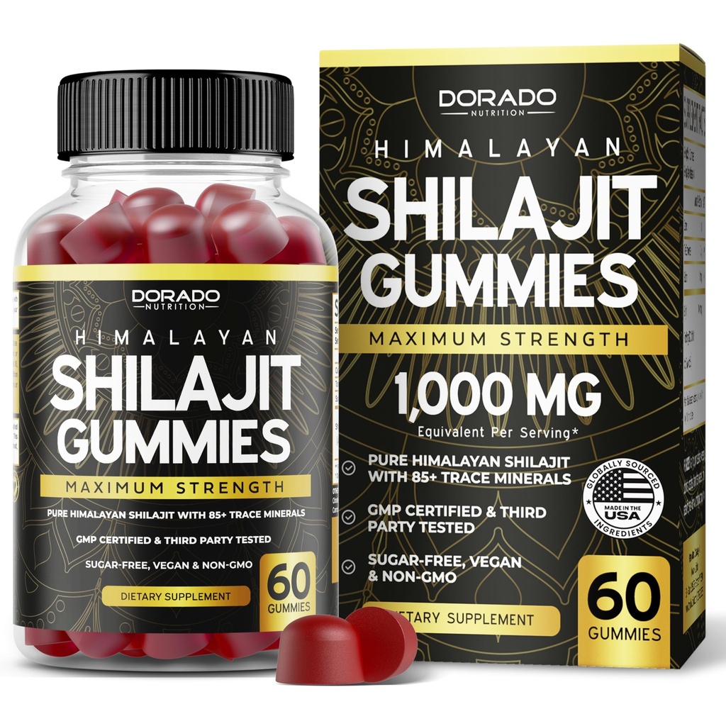Gume Shilaj pentru bărbaţi şi femei 1000 mg (grad de aur de mare potenţă cu 85 + Trace Minerale cu acid pelvian) - Energy & Imunitate Suport - terţă parte testat, non OMG, Vegan & Made în SUA - (60 Gummies)