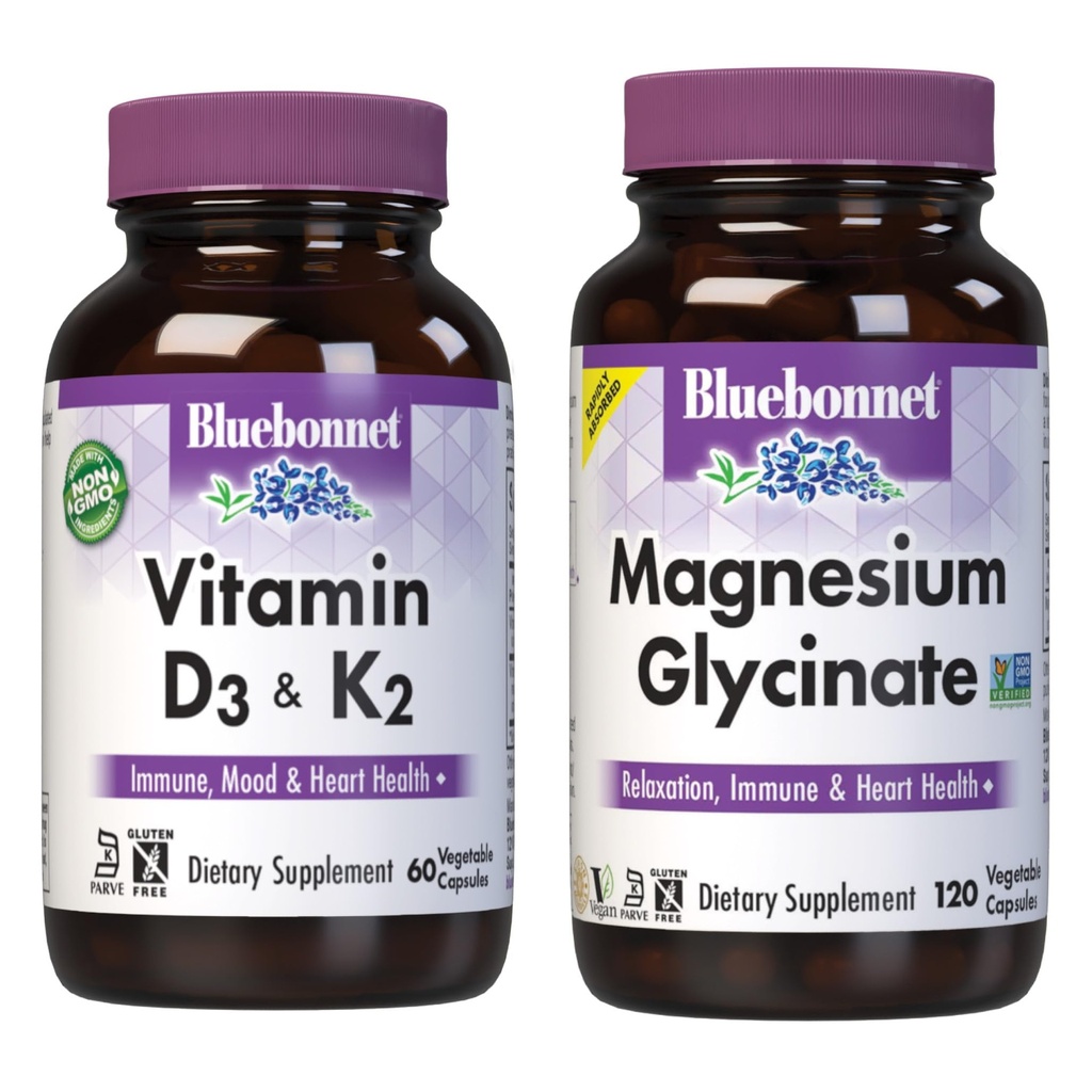 BlueBonnet Nutrition Vitamina D3 și K2, și magneziu Glycinate Capsule vegetale Bundle