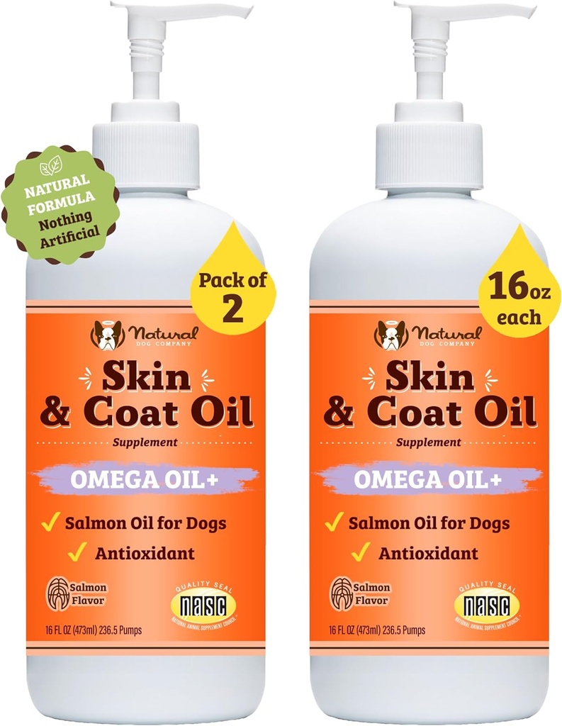 Natural Dog Company 2 Pack - 16 oz. Piele și ulei de haină, susține sănătatea pielii, Suplimente de ulei de pește pentru câini, Acidi grasi, Antioxidant, pentru Familii Multi Dog, Câini de talie mare, 32 oz. Valoare