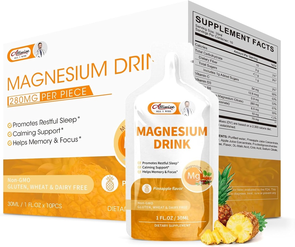 Magneziu Citrat lichid de magneziu băutură soluție orală cu vitamina, zinc și sodiu Bromelain, suport suplimentar de magneziu esențial imun, Bone Health și Zzz, Ananas Flavor, 10 Fl Oz