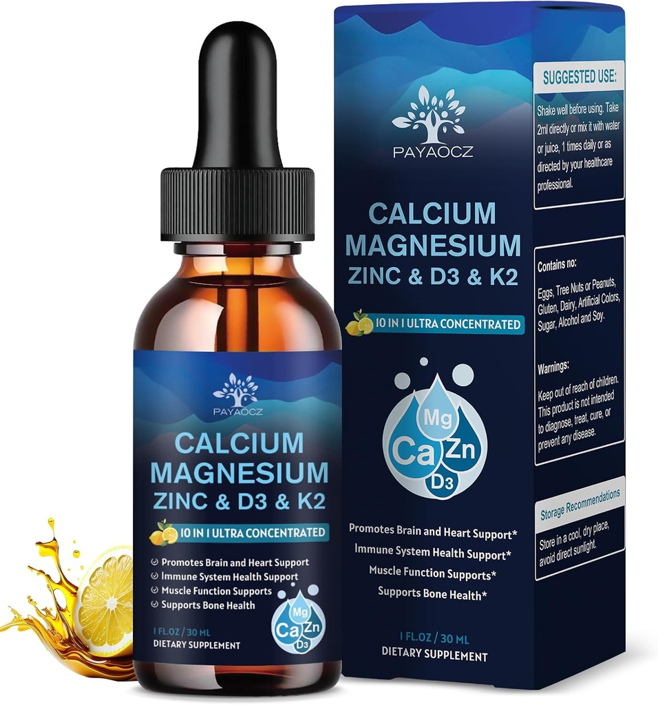 4 Pachet) 10 în 1 Supliment de zinc de calciu magneziu, Magneziu Glycinate Complex picături lichide cu vitamina D3 K2 B6, Vegan Citrat de calciu Bone & Immune Health Support, Somn & Crampe, Boron, 1 Fl Oz