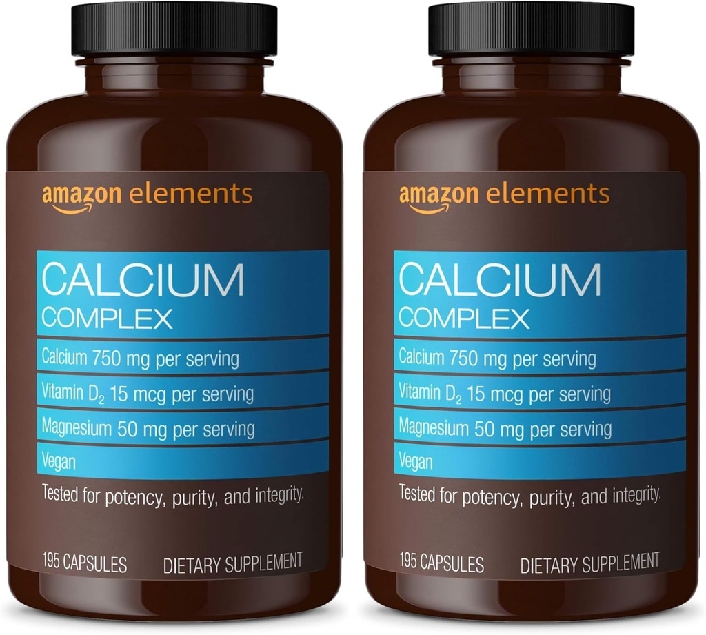 Amazon Elements Complex de calciu cu vitamina D, 250 mg calciu (3 per Serving), Vegan, 195 capsule (Packaging May Vary), susține oase puternice și sănătate imună (Pachet de 2)