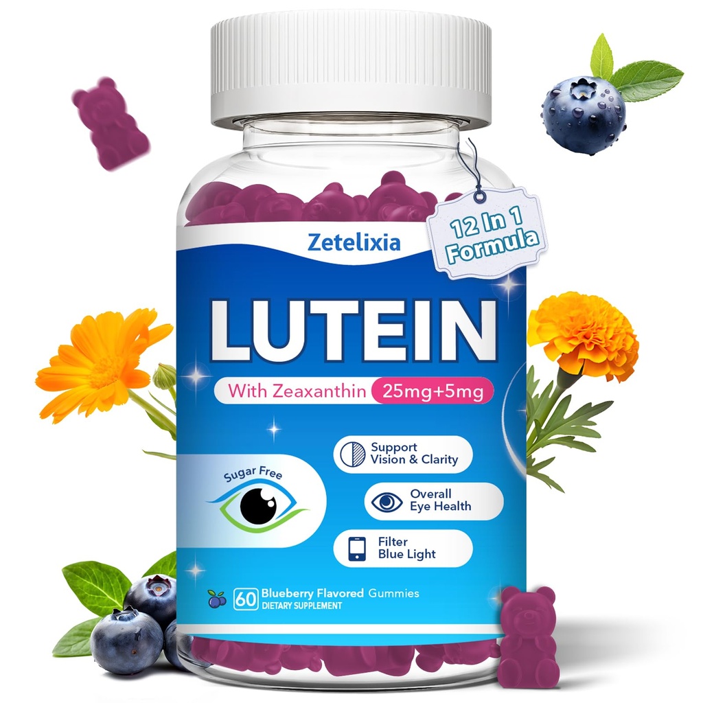 Gume lutein, 12 din 1 Lutein şi Zeaxanthin Suplimente Vitamine Ochi pentru adulţi, Suplimentul pentru Sănătatea Ochilor cu Vitamina Multipla pentru Promovarea Ochi şi Viziunea - 60 Gume