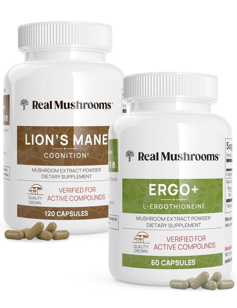 Ergotioneneina (60ct) și Lions Mane (120ct) Bundle with Shiitake and Oyster Mushroom extracts - Longevity and Cognition - Vegan, Gluten Free, Non-GMO
