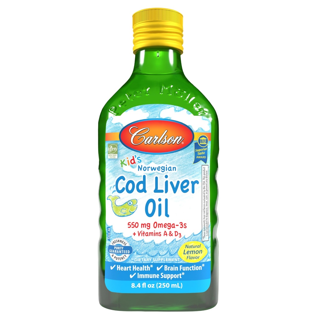 Carlson - Kid Cod Ulei de ficat, 550 mg Omega-3s, Vitamine A & D3, Wild Norway, Lemon, 250 ml