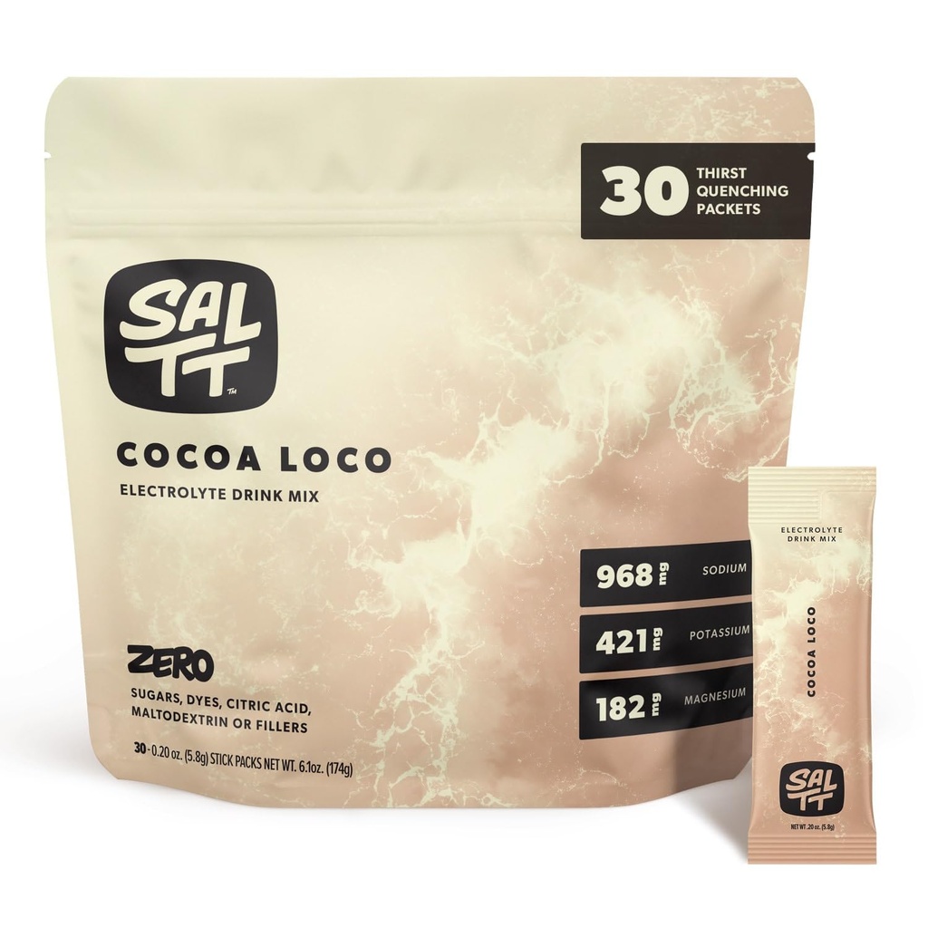 SALTT Electroliţi Pulbere Aroma de alcool Mix - Cocoa Loco - 30 Pachete de Hidratare - Magneziu, Potasiu, Sodiu, Minerale Trace - Zero Zahăr & Gluten Free - Essenţiale de călătorie