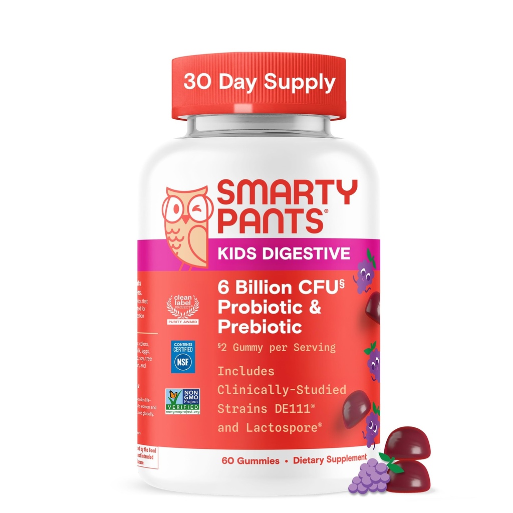 SmartyPants Copii Probiotic & Prebiotic Gume pentru sanatate digestiva: Suplimentul pentru sanatate, Studiat clinic Prebiotic pentru Suport Imun, Struguri, 60 Conte (30 zile de aprovizionare)