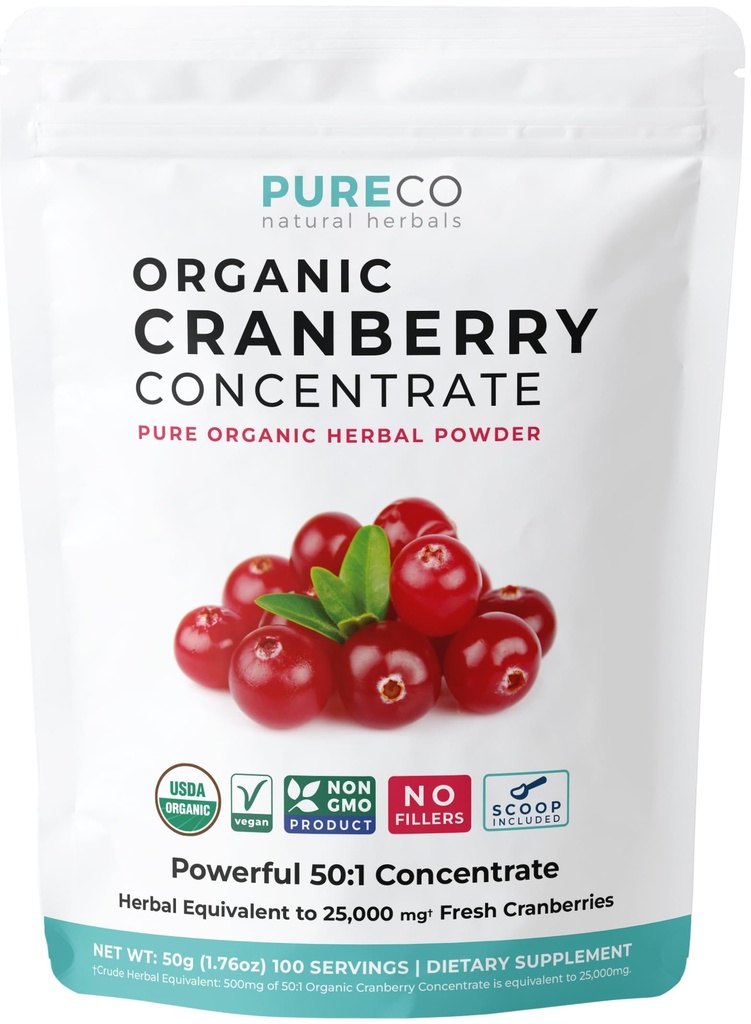 USDA Organic Cranberry concentrat (50:1) Pulbere - 500 mg este echivalent cu 25,000 mg de mure proaspete - pentru renal Cleanse & UTI Support Vitamine - Femei - Supliment - 100 Serviri - Fără pastile