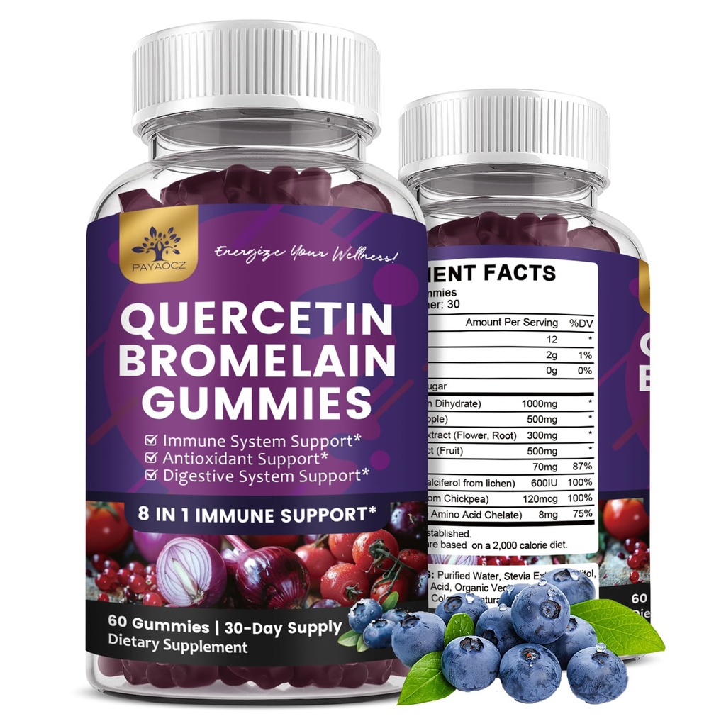 (2 ambalaj) Querbetin Gummies cu Bromelain zinc elderberry vitamina C D3 K2, Querbetin 1000 mg Supliment cu Bromelain 500 mg pentru cardiovascular, Immune System & Alergie, Vegan Gummy pentru adult & Kid