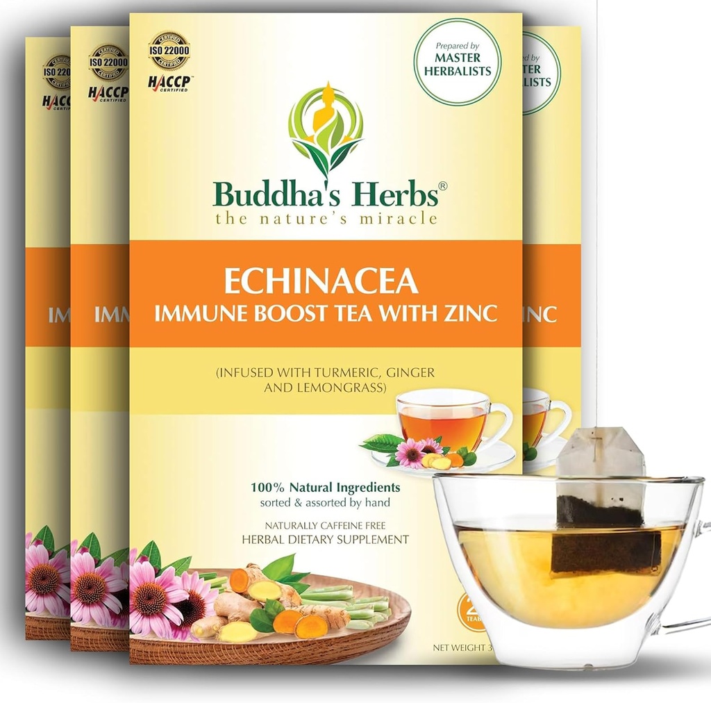 Ceai Echinacea Premium cu zinc (Pachet de 4, 88 Ceai Bags) - Ceai sanatos decofeinizat pentru sanatate imuna - Saci organice de ceai din plante w/Ingrediente naturale - Cadouri de ceai ideale pentru iubitorii de ceai