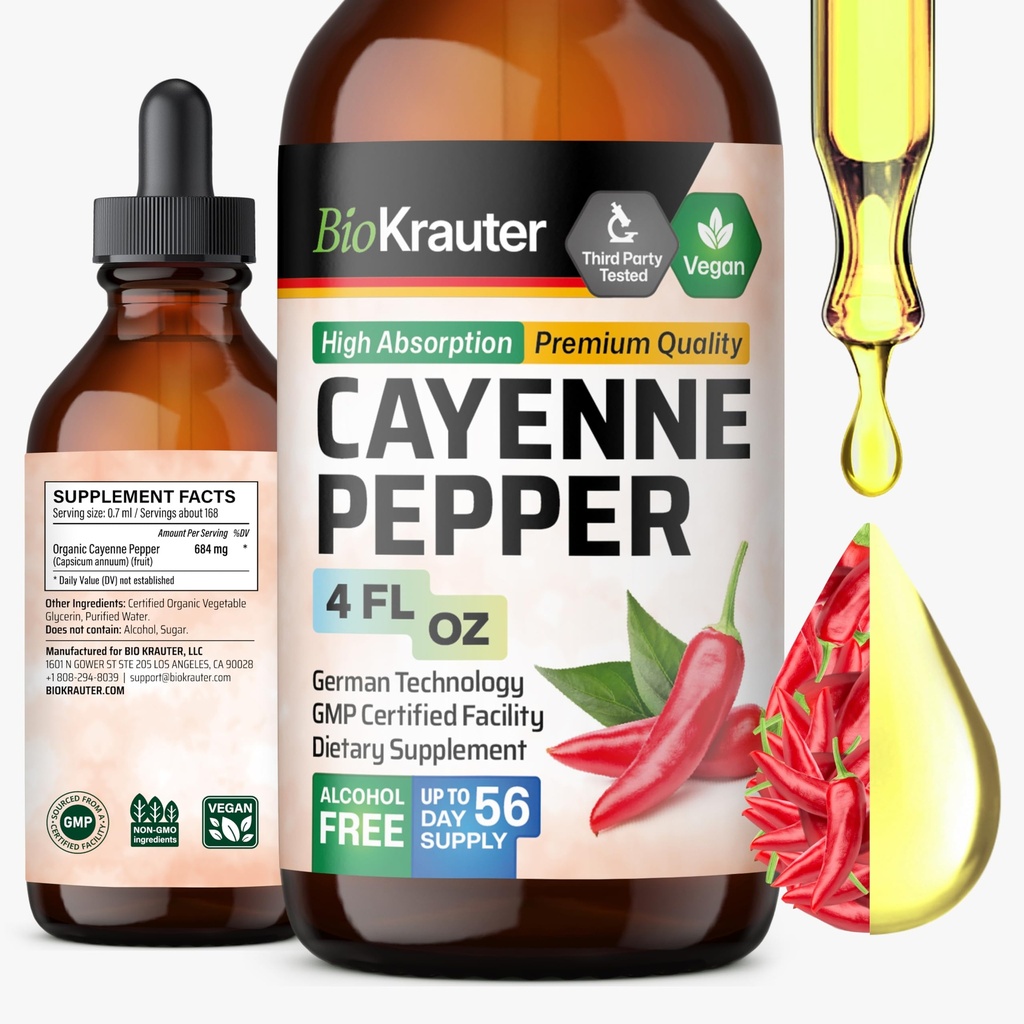 BIO KRAUTTER Cayenne Pepper Extract lichid - Pur Capsaicina Extract - lichid ardei iute picături pentru suport digestiv - zahăr și alcool gratuit 4 Fl.Oz.