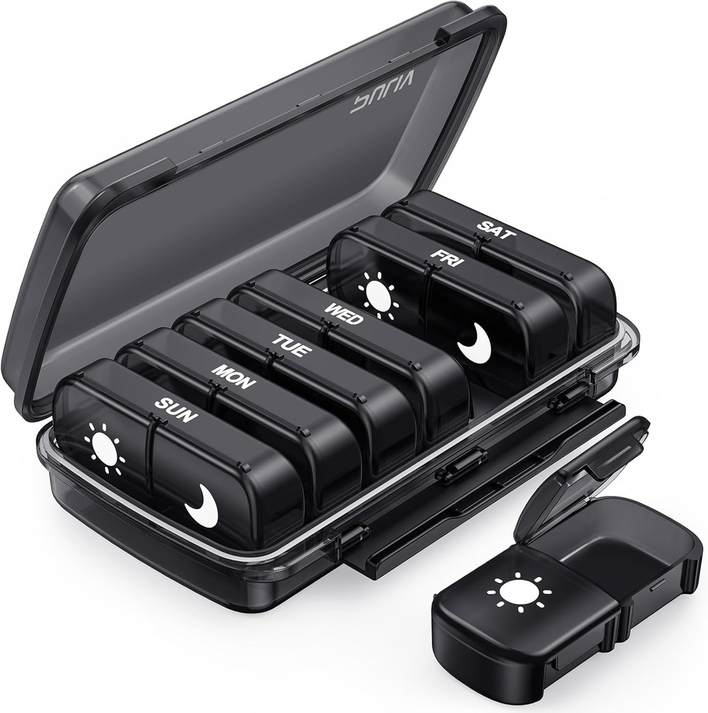 PULIV Weekly Pill Organizator 7 zile 2 ori pe zi, Black Damp-Proof AM Pill Box 7 zile, Pilulă caz cu design portabil, Medicina mare Organizator pentru vitamine, medicamente, uleiuri de pește, Suplimente