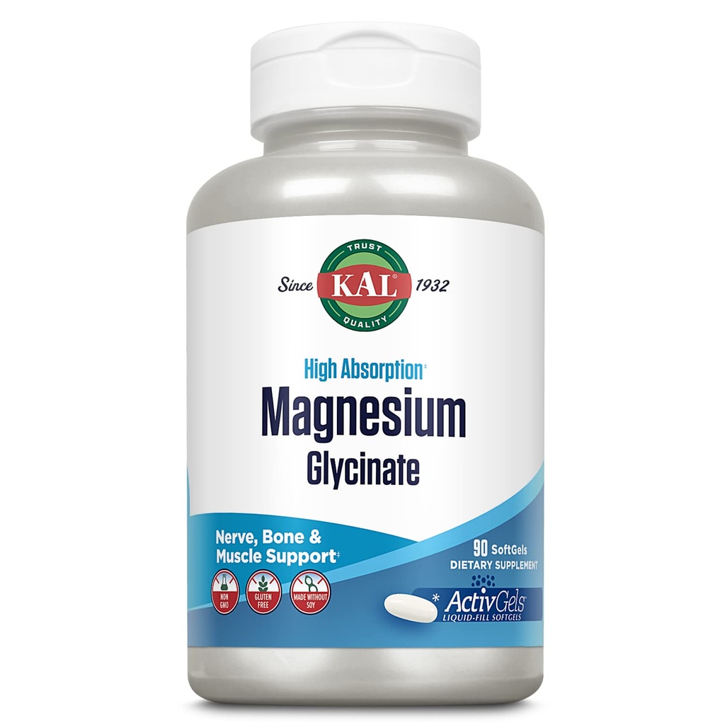 Glicinat de magneziu KAL ActivGels 315mg, Supliment de magneziu de înaltă absorbţie pentru suport muscular, Nervi şi de sănătate osoasă, non-GMO, Gluten gratuit, 30 Serviri, 90 Softgels