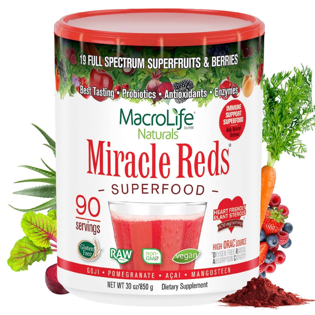 MacroLife Naturals Miracle Reds Superalimentar Supliment Pulbere Antioxidanti Polifenoli Enzime Probiotice - Negrea GMO Organic Vegan Gluten & Dairy Free - 30oz (90 Servings) 30oz