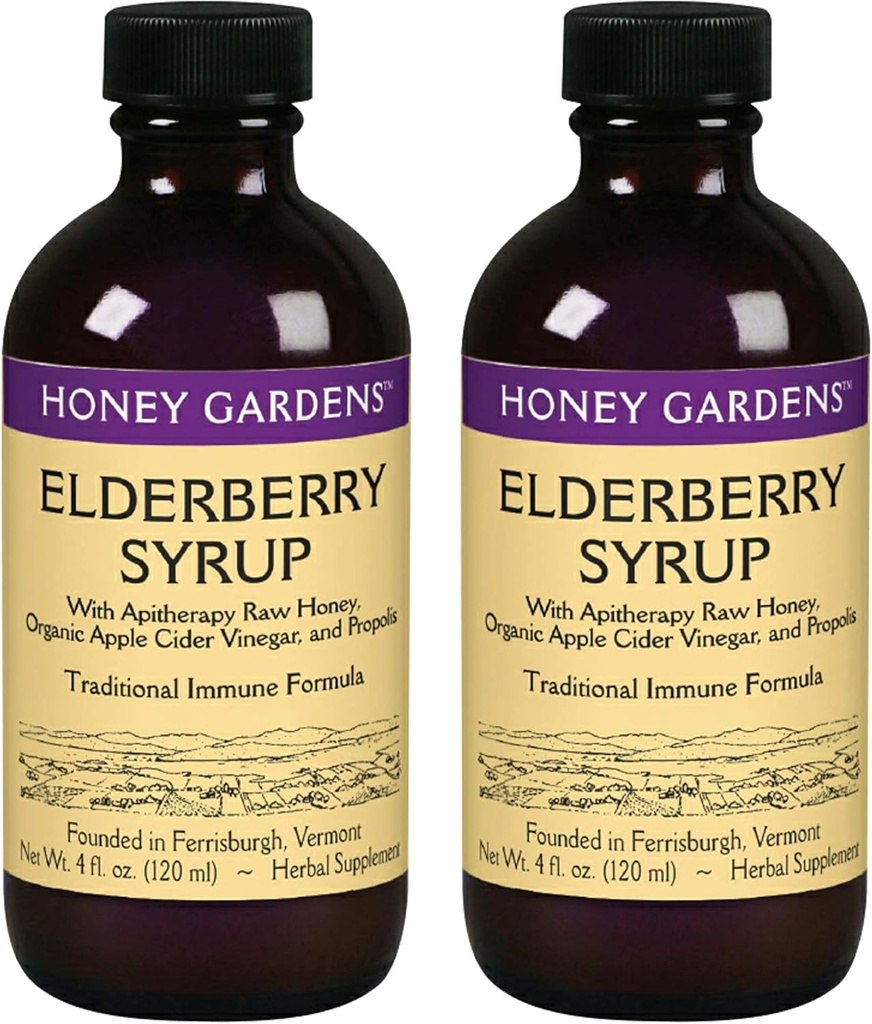 Honey Gardens Elderberry Syrup cu grad A Raw Honey, Propolis, Organic ACV & Elderberberries 