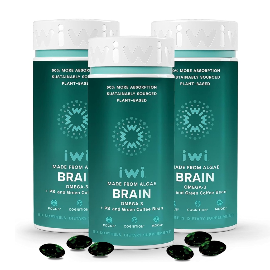 iwi life Brain Omega-3, 180 Softgels (90 Servings), Vegan planta-Based Algae Omega-3 cu EPA + DHA, Focus, Memorie și Mood Support Dietary Supplement, Krill & Fish Oil Alternative, No Fishy Aftergust