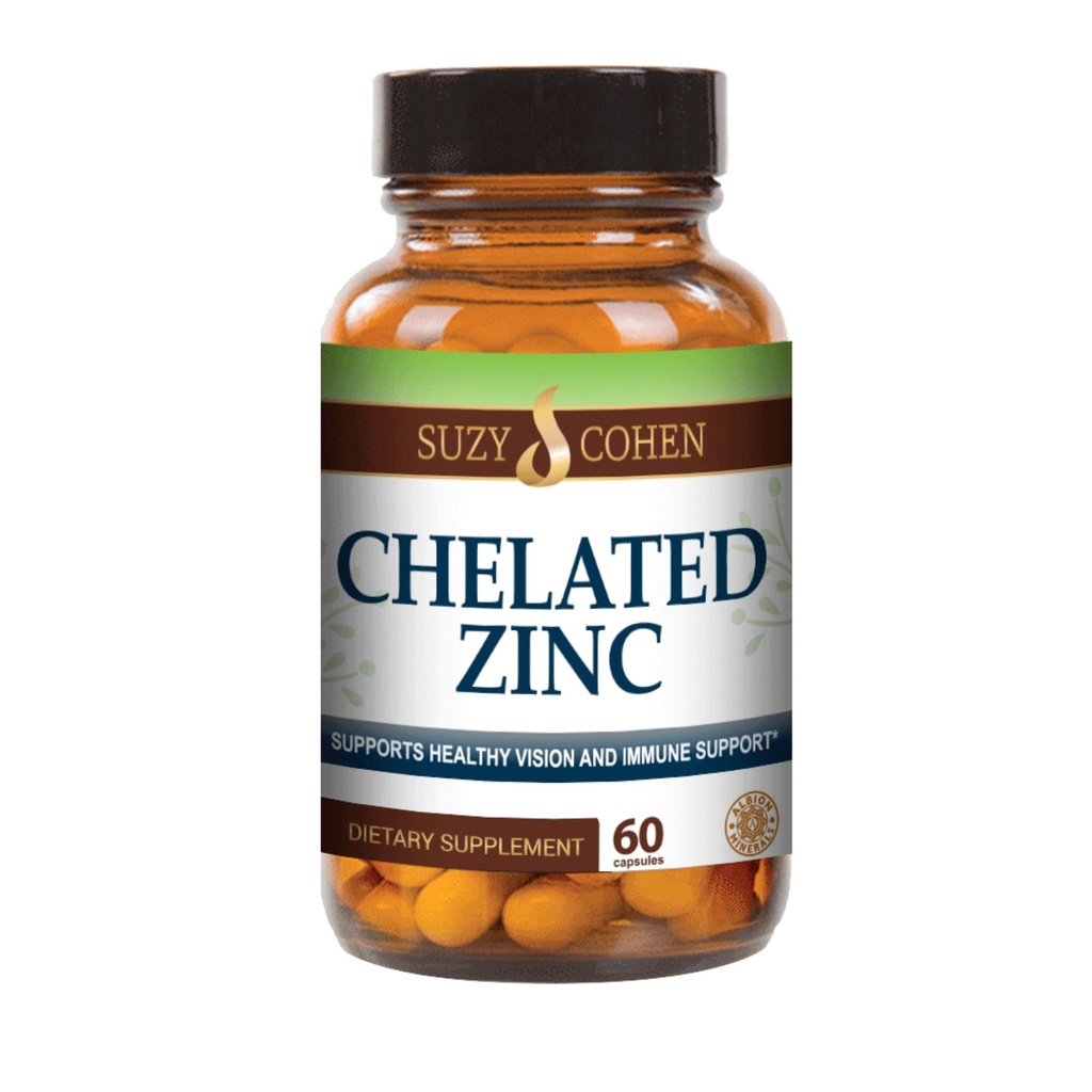 Suzy Cohen Suplimente de zinc Chelated - 60 Capsule Blând pe Stomac - Zinc este pentru cresterea sanatoasa a celulelor si formarea ADN-ului - Sustine functie imun sanatoasa si sanatatea pielii