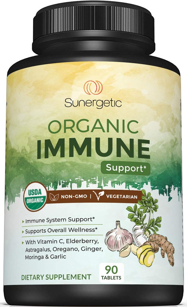 USDA Organic Immune Supplement Supplementar de suport pentru Imunizare Organic Suplimentul de sănătate imună cu vitamina C, Elderberry, Astragalus, Oregano, Ginger, Moringa &  bază de sistem imunitar - 90 comprimate imune