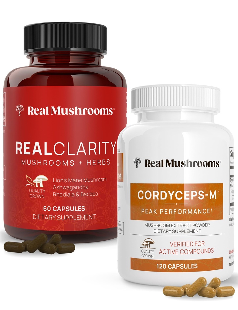 Ciuperci reale RealClarity (60ct) și Cordyceps (120ct) Capsule Bundle - Supliment ciuperci pentru Claritatea mentala, Focus, Energie & Vitalitate - Vegan, Non-GMO, Niveluri verificate de Beta-Glucani