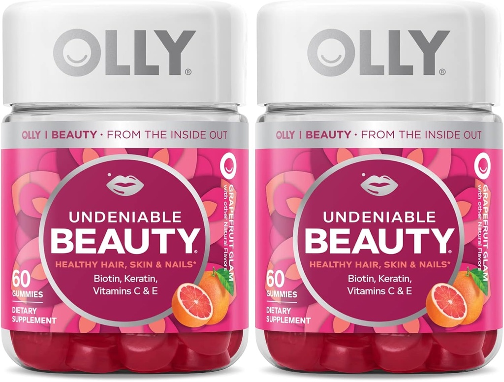 OLLY Gummy de frumusete de necontestat, pentru par, piele, unghii, Biotina, Vitamina C, Keratina, Supliment masticabil, Grapefruit, 30 zile de aprovizionare - 120 Conte