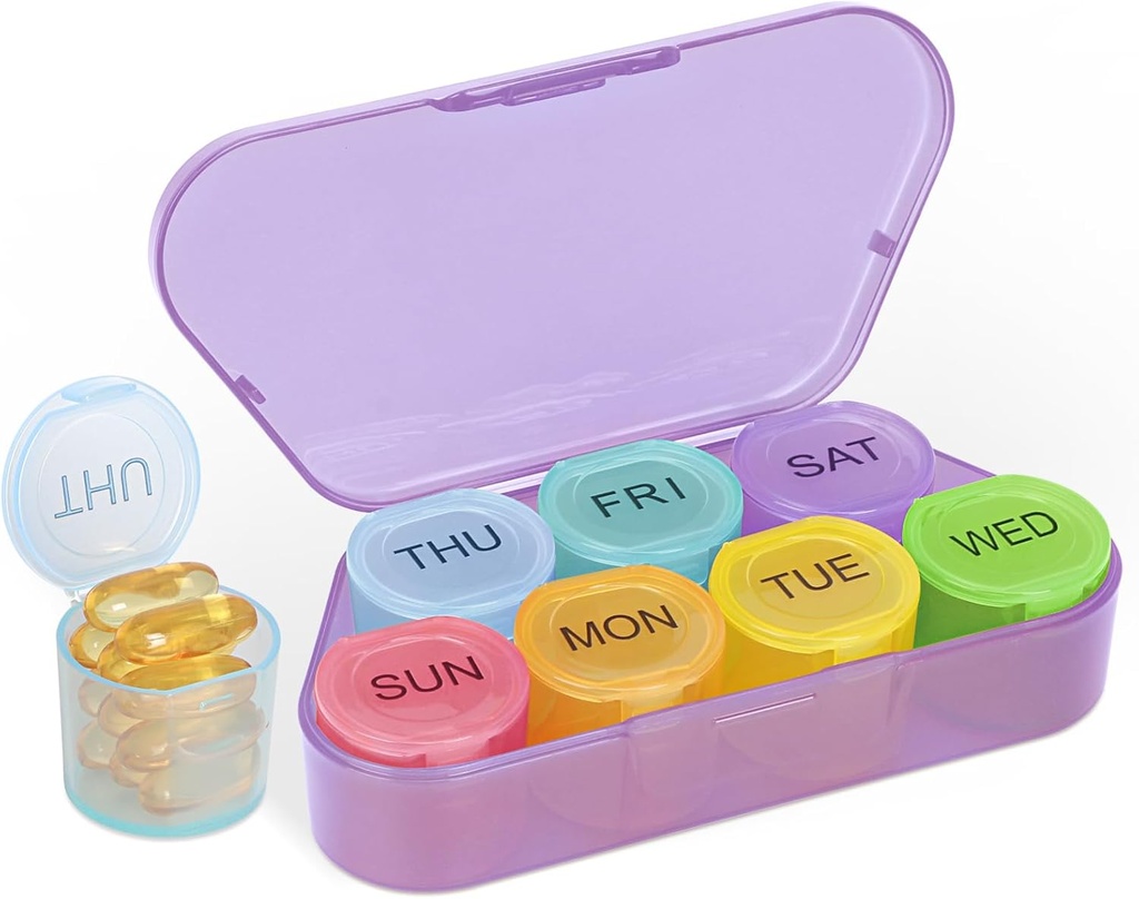 NatureTouch Weekly Pill Organizator, BPA Free Medicine Organizator Rainbow 7 zile Pilulă cutie, Daily Portable Pill Container pentru pastile/Vitamin/Fish Oil/Supplements [Ultima versiune],Purple