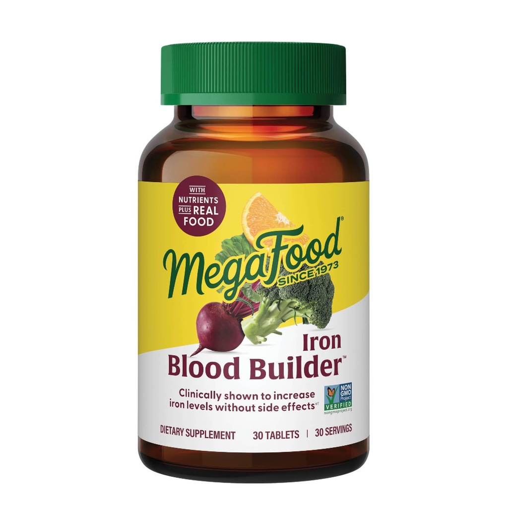Megafood Blood Builder Supliment de fier pentru femei și bărbați - Creșterea nivelului de fier fără efecte secundare - Combate oboseala - cu vitamina B12, acid folic și vitamina C pentru absorbție - Vegan - 30 comprimate