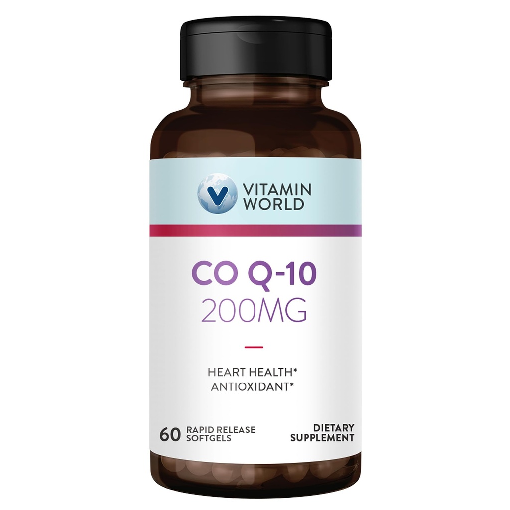 Vitamin World CoQ10 200 mg Softgels, Coenzima Q10 Suplimente pentru suport antioxidant, Heart Health & Energy Production, Gluten Free, 60 Rapid Release Softgels