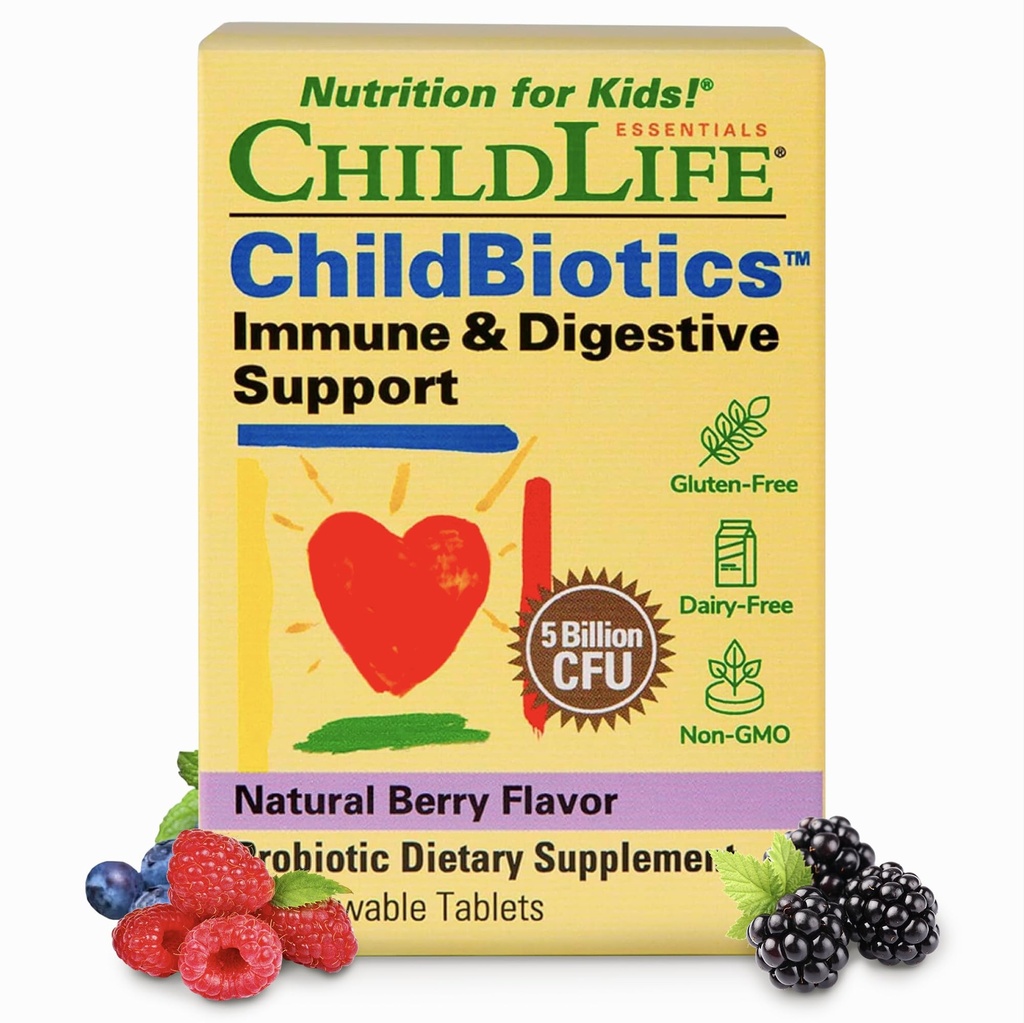 ESENȚIALII COPILULUI Childbiotics Suport imun și digestiv - Copii Probiotice, Probiotice pentru copii și copii mici, Copii Probiotice masticabile pentru sănătate gut - Berry naturale, 30 comprimate masticabile