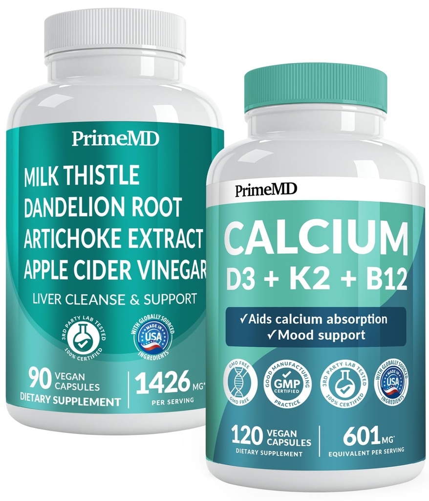 Calciu D3 K2 B12 (1pk) şi suport hepatic (1pk) Supliment Bundle - Vitamine potente pentru oase, inimă, funcţie hepatică, şi suport imunitar - non-GMO, Vegan, Gluten-Free