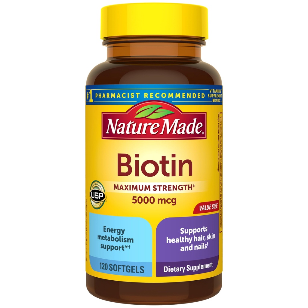 Natura făcut puterea maximă Biotin 5000 mcg Softgels, Piele de păr Biotina și unghii Vitamine Supliment alimentar, 120 Conte